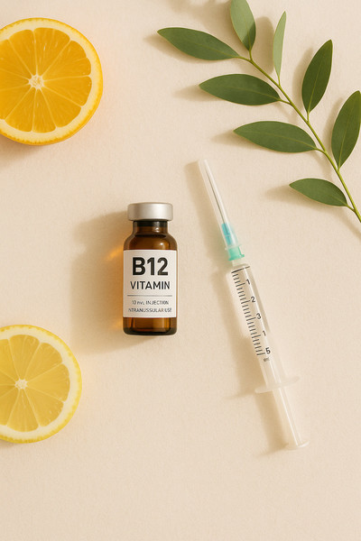 Vitamin B12 vial and syringe flat lay with citrus slices and greenery for SolSkinn Medical Aesthetics vitamin booster treatments.